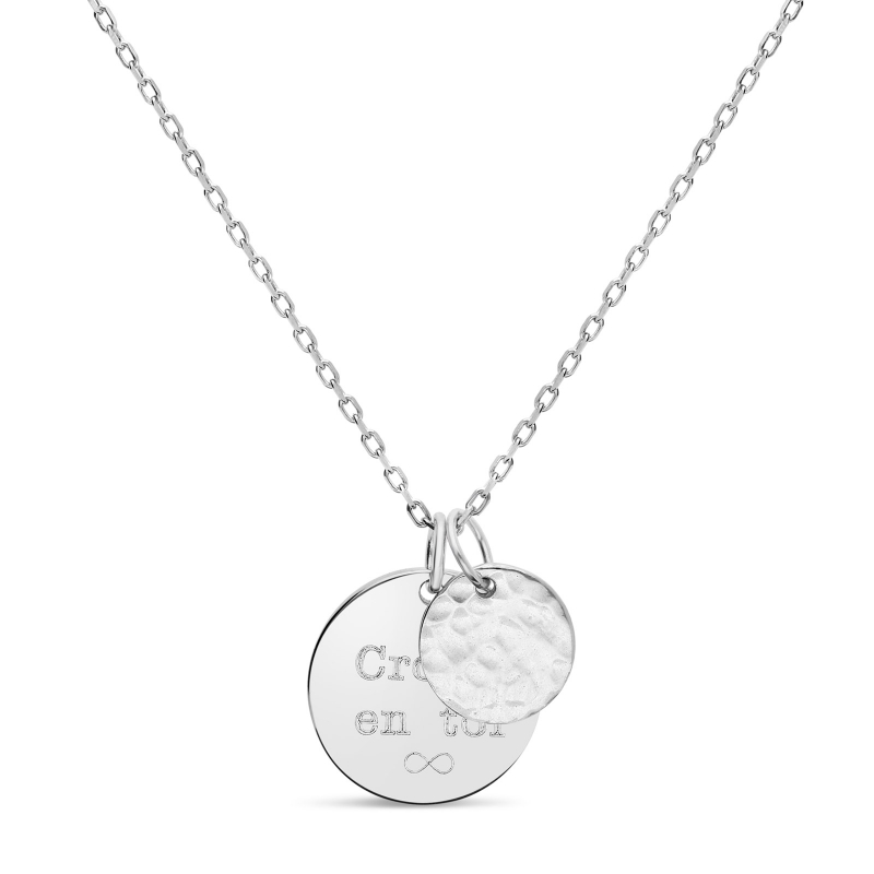 Collier personnalisé médaille gravée 15 mm et médaille martelée 10 mm en Argent