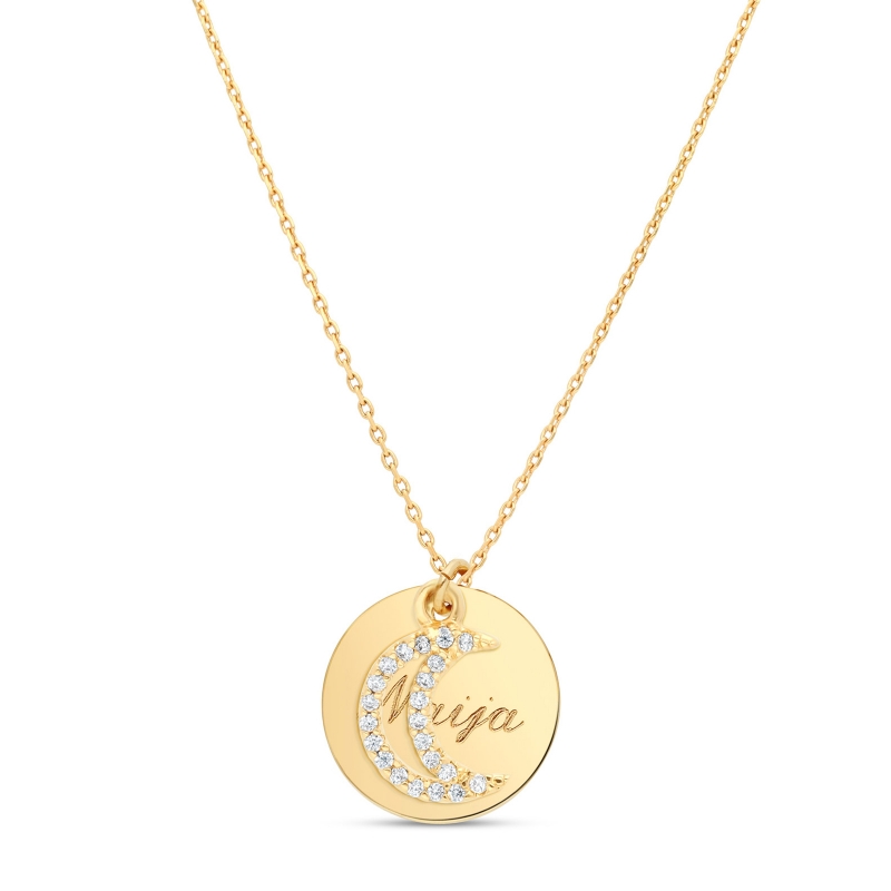Collier médaille 15 mm et son pendentif lune à strass Plaqué Or