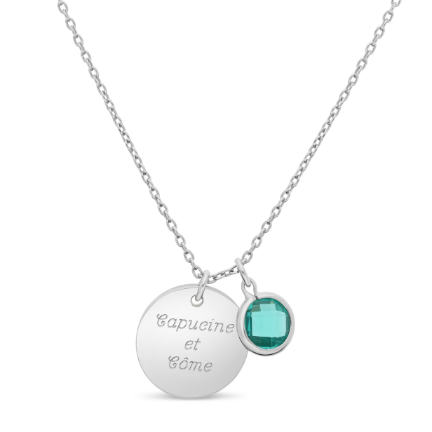 Collier personnalisé médaille martelée 14 mm Argent et pierre fine verte