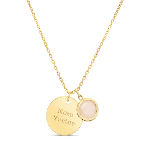 Packshot du Collier personnalisé médaille martelée 15 mm Plaqué Or et pierre fine rose