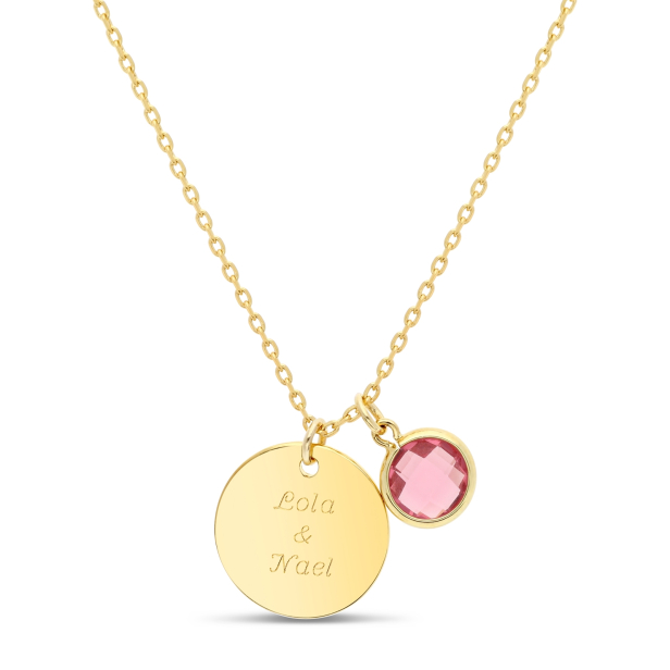 Packshot du Collier personnalisé médaille martelée 15 mm Plaqué Or et pierre fine fuchsia