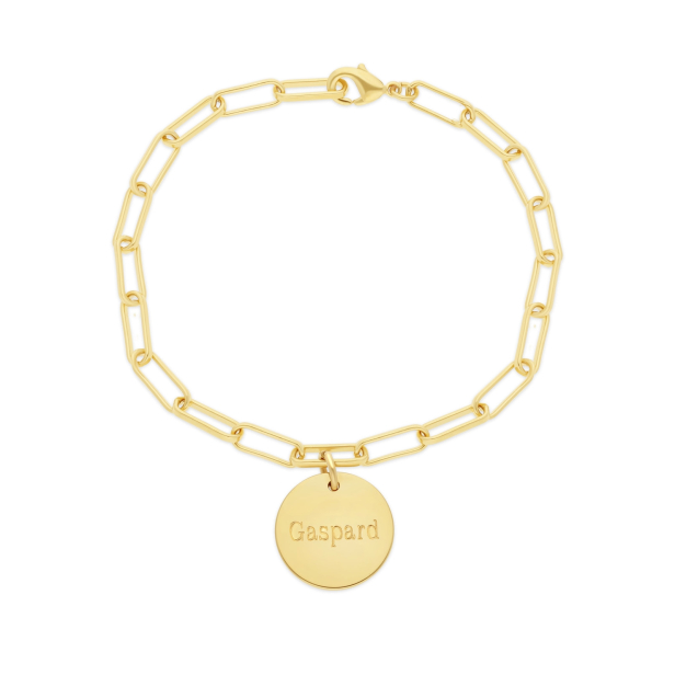 Packshot du bracelet grande maille et médaille personnalisée en Plaqué Or