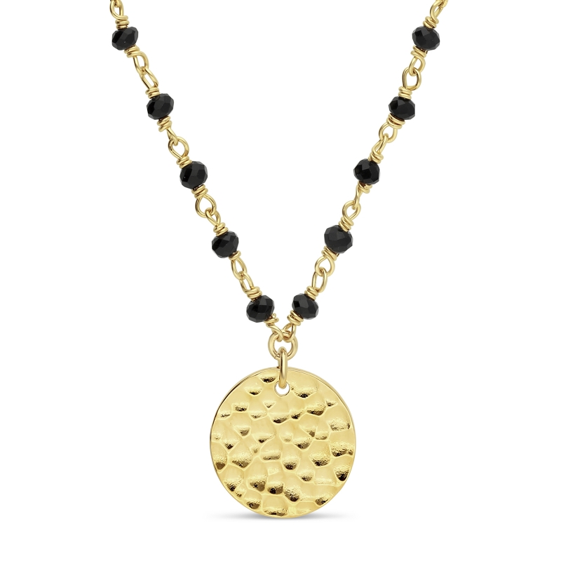 Packshot du Collier avec pierres noires et médaille martelée personnalisée 15 mm Plaqué Or