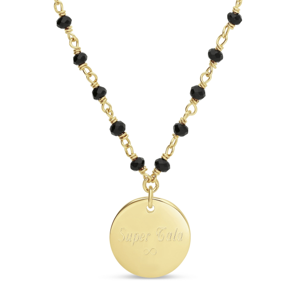 Packshot du Collier avec pierres noires et médaille martelée personnalisée 15 mm Plaqué Or