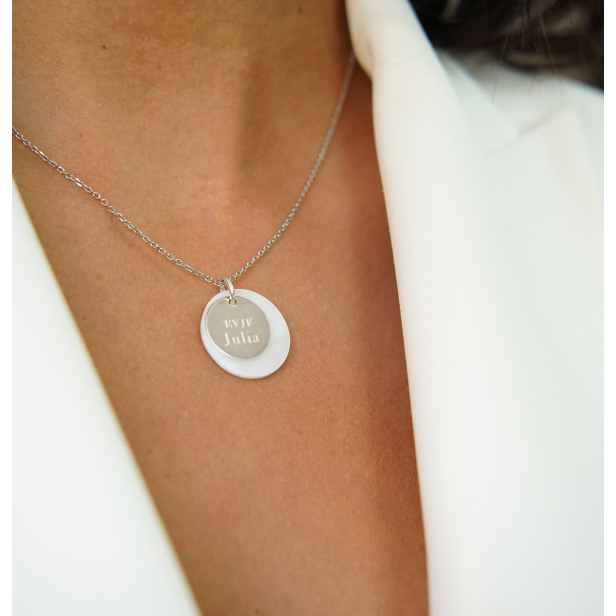 Collier médaille nacre et médaille 15 mm à graver en Argent