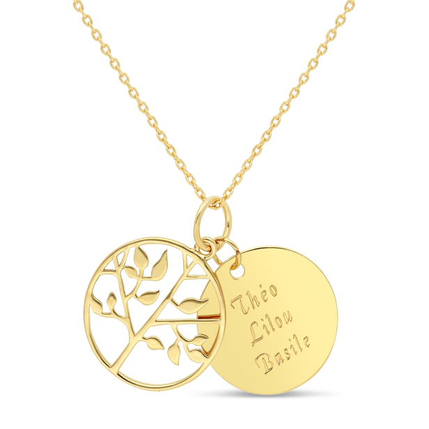 Collier personnalisé médaille 20 mm et pendentif arbre de vie Plaqué Or