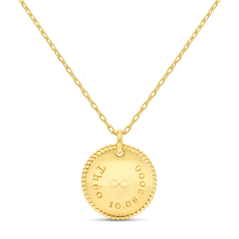 Collier personnalisé médaille 18 mm perlée Plaqué Or