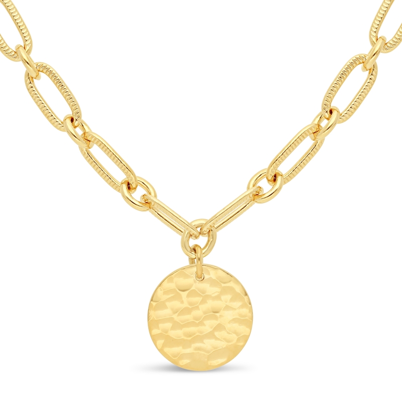 Collier personnalisé Plaqué Or maille trombone arrondie et médaille martelée 15 mm