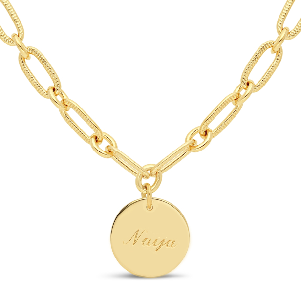 Collier personnalisé Plaqué Or maille trombone arrondie et médaille martelée 15 mm