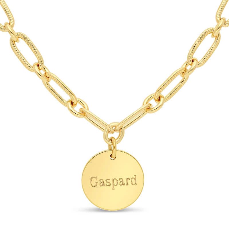 Collier personnalisé Plaqué Or maille trombone arrondie et médaille 15 mm