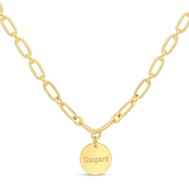 Collier personnalisé Plaqué Or maille trombone arrondie et médaille 15 mm