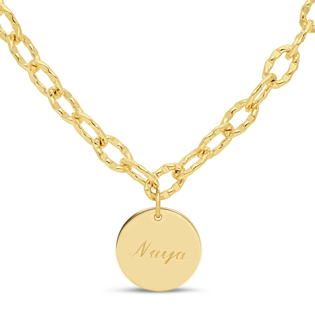 Collier personnalisé Plaqué Or maille arrondie et médaille martelée 15 mm