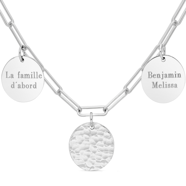 Collier personnalisé maille trombone triple médailles 15 mm en Argent