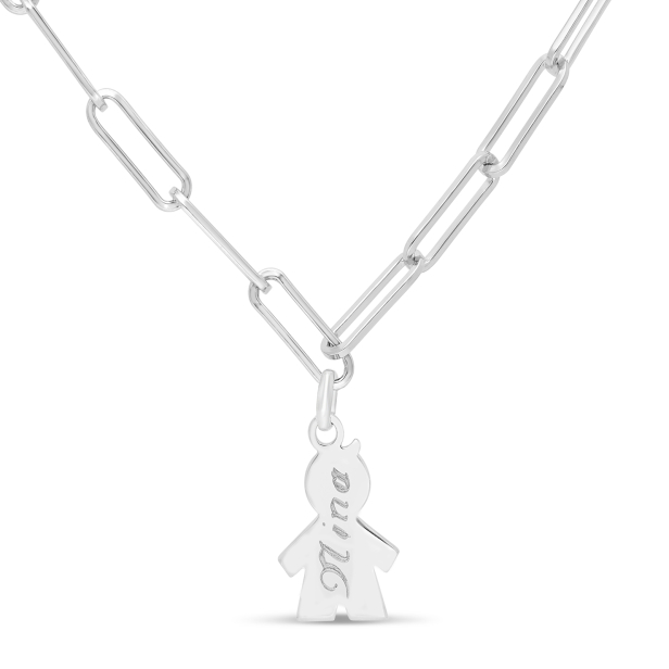 Collier personnalisé Argent, maille trombone et pendentif petit garçon 15 mm