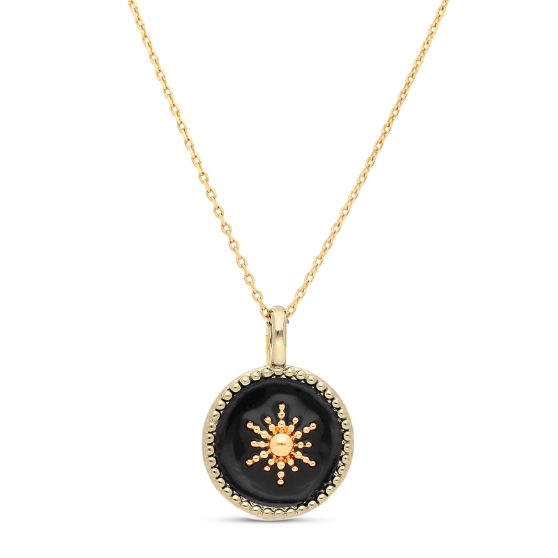 Collier médaillon noir avec étoile 14 mm Plaqué Or