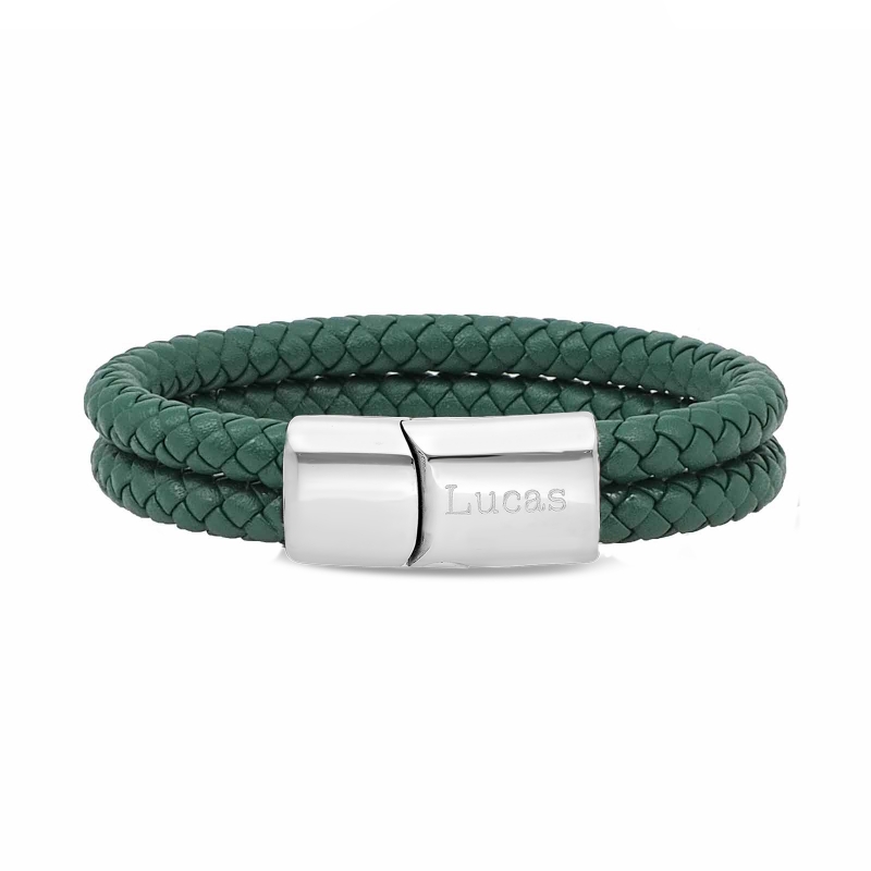 Bracelet homme personnalisé en cuir vert tressé, double tour avec boucle argentée