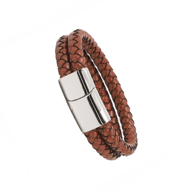Bracelet homme personnalisé en cuir marron tressé, double tour avec boucle argentée