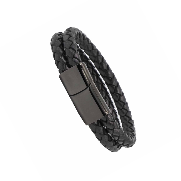 Bracelet homme personnalisé en cuir noir tressé, double tour avec boucle noire
