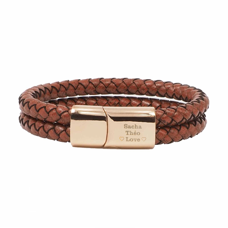 Bracelet homme personnalisé en cuir marron tressé, double tour avec boucle rosée