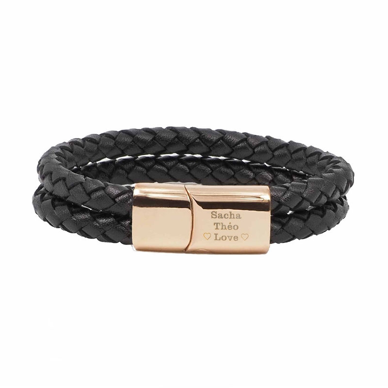 Bracelet homme personnalisé en cuir noir tressé, double tour avec boucle rosée