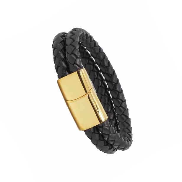 Bracelet homme personnalisé en cuir noir tressé, double tour avec boucle dorée