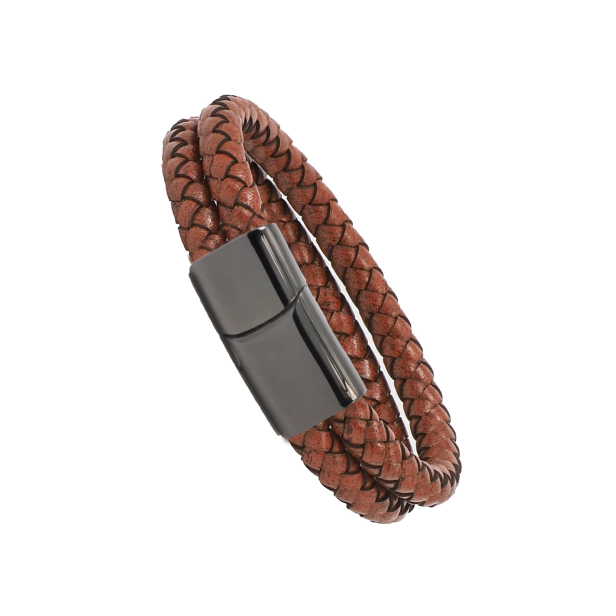 Bracelet homme personnalisé en cuir marron tressé, double tour avec boucle noire