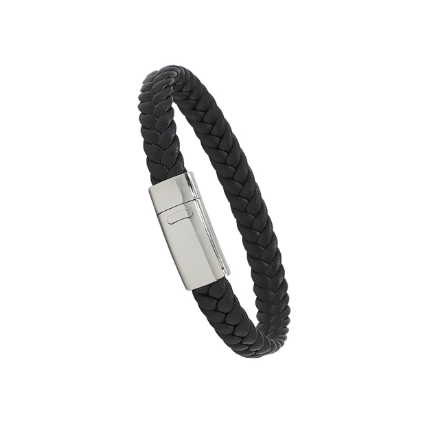 Bracelet homme personnalisé en cuir tressé noir avec boucle argentée
