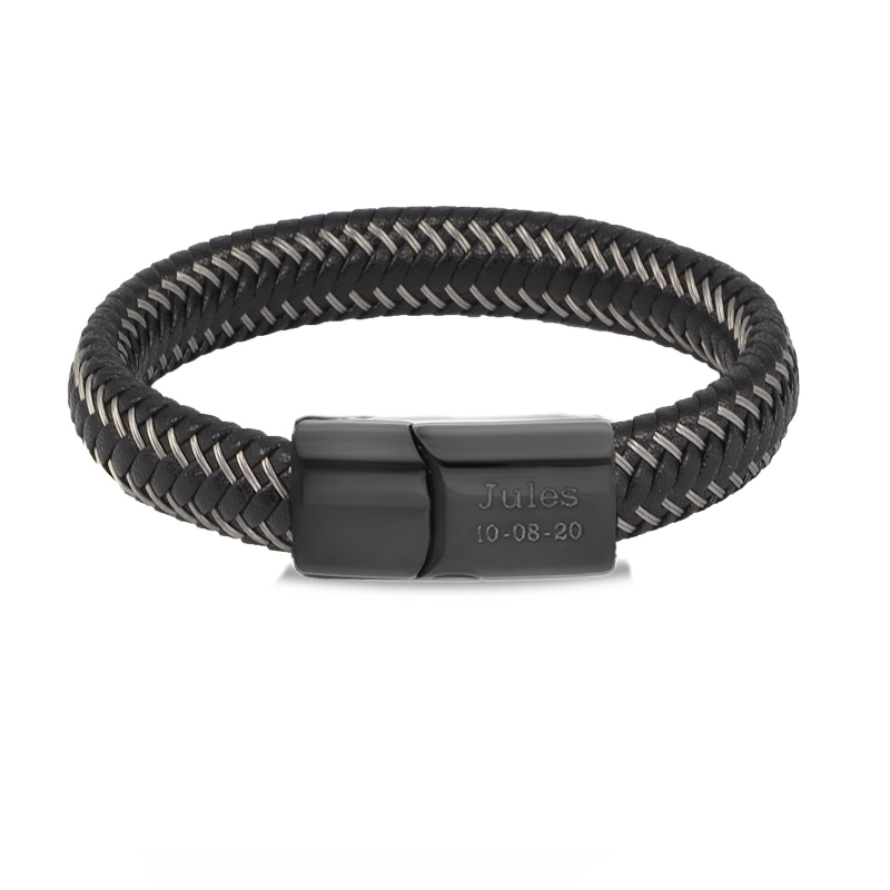 Bracelet homme personnalisé en cuir tressé noir et acier et boucle noire