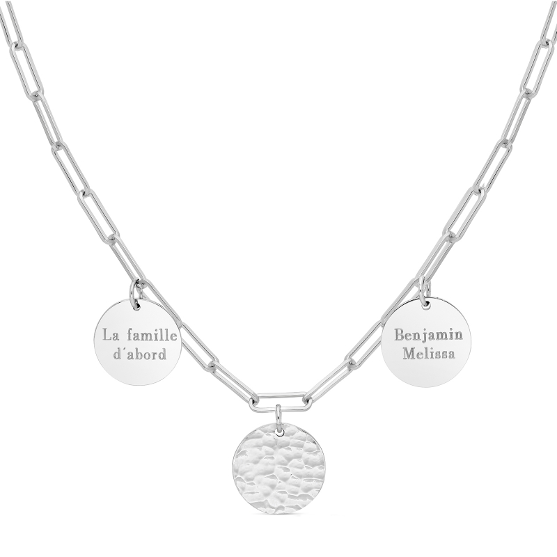 Collier personnalisé maille trombone triple médailles 15 mm en Argent