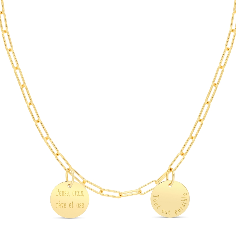 Collier personnalisé maille trombone double médailles 15 mm en Plaqué Or