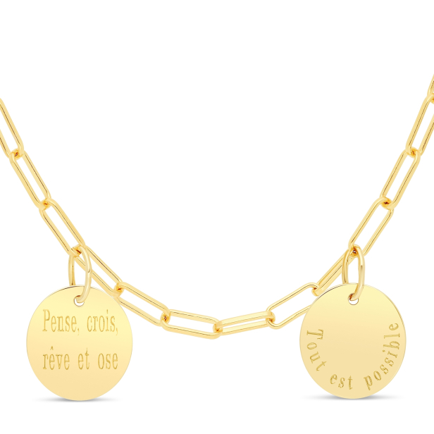 Collier personnalisé maille trombone double médailles 15 mm en Plaqué Or