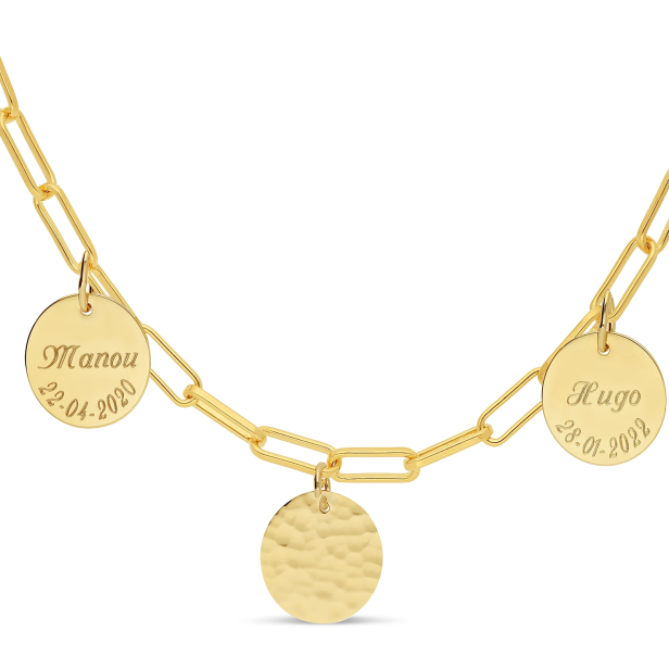 Collier personnalisé maille trombone triple médailles 15 mm en Plaqué Or