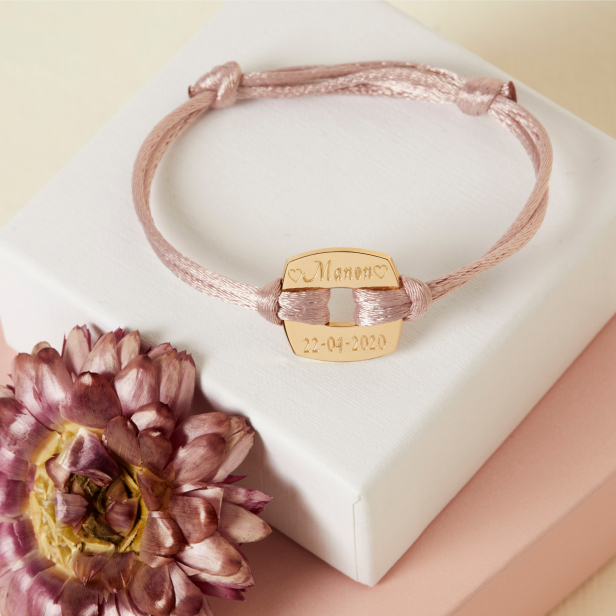 Bracelet cordon avec médaille losange 15 mm personnalisée en Plaqué Or
