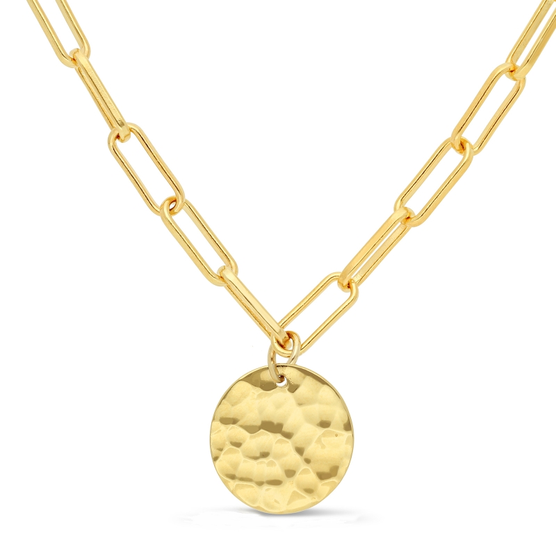 Collier Plaqué Or maille trombone avec médaille martelée 15 mm