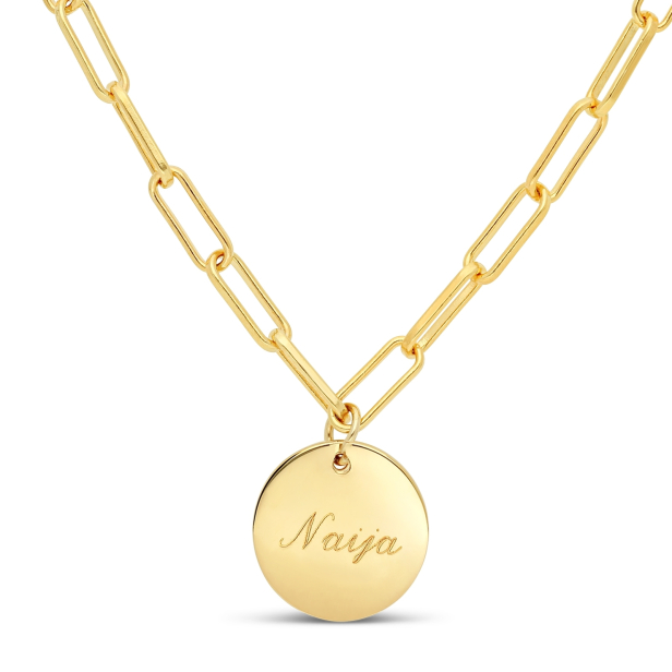 Collier Plaqué Or maille trombone avec médaille martelée 15 mm