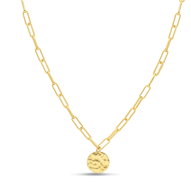 Collier Plaqué Or maille trombone avec médaille martelée 15 mm
