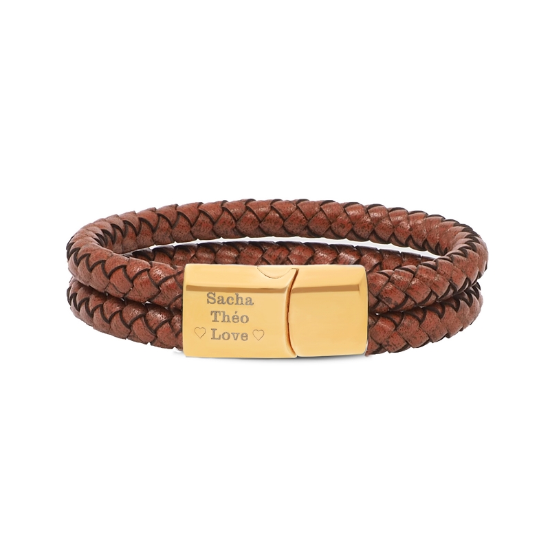 Bracelet homme personnalisé en cuir marron tressé, double tour avec boucle dorée