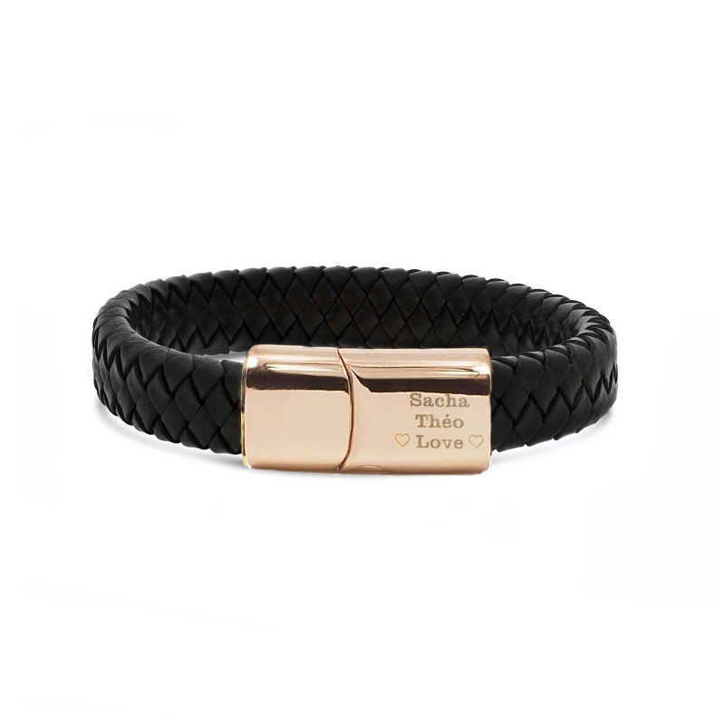 Bracelet homme personnalisable avec cuir tressé noir et boucle rosée