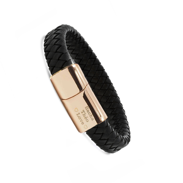 Bracelet homme personnalisable avec cuir tressé noir et boucle rosée