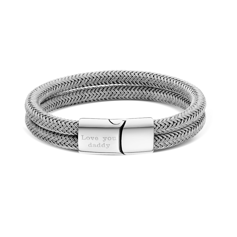 Bracelet personnalisé double cuir tressé gris métal et fermoir argenté