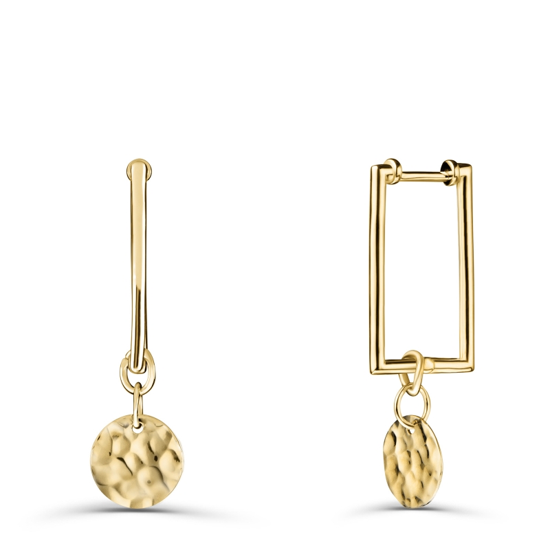 Boucles d'oreilles pendentifs rectangulaires médailles martelées en Plaqué Or