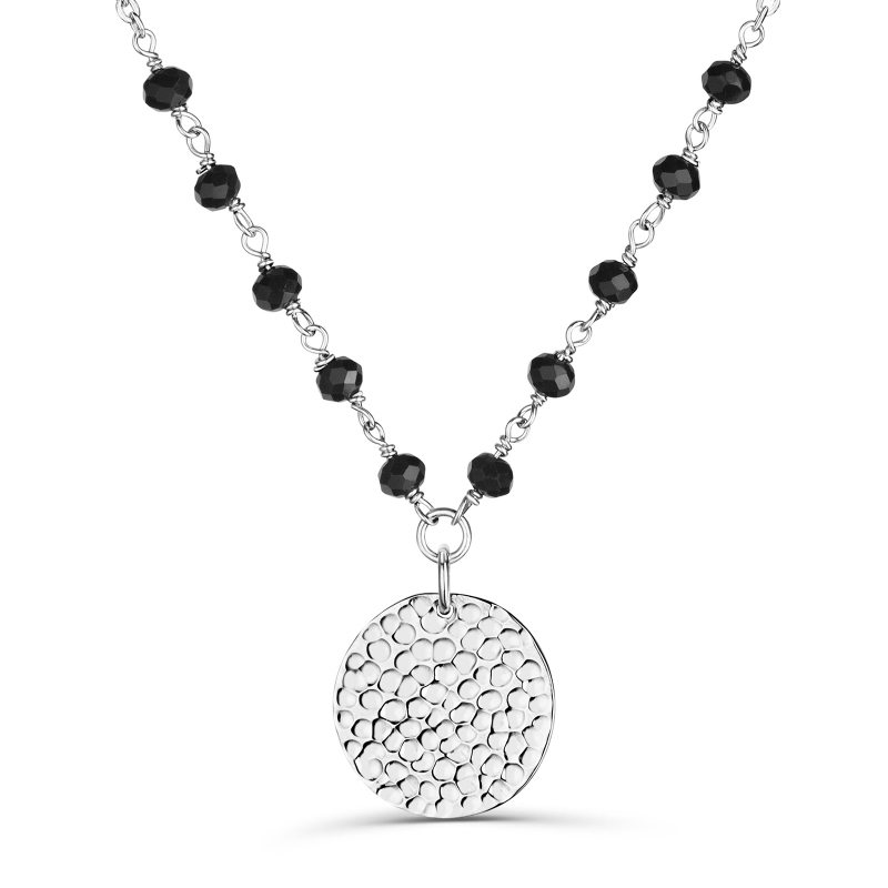 Collier avec pierres noires et médaille martelée personnalisée 15 mm Argent