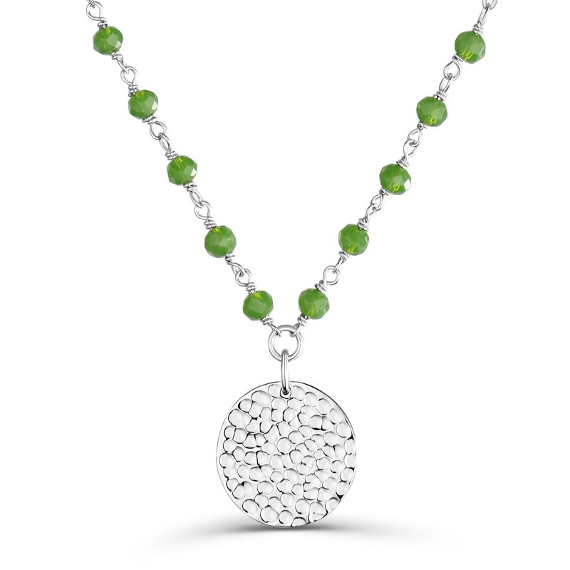 Collier avec pierres vertes et médaille martelée personnalisée 15 mm Argent