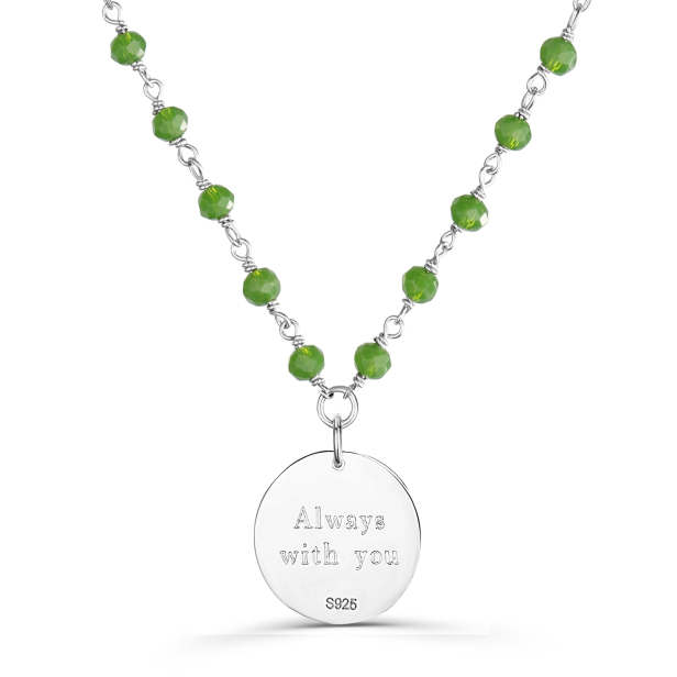 Collier avec pierres vertes et médaille martelée personnalisée 15 mm Argent