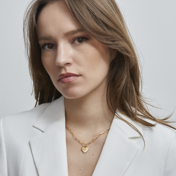 Collier Plaqué Or maille trombone avec médaille cœur 14 mm