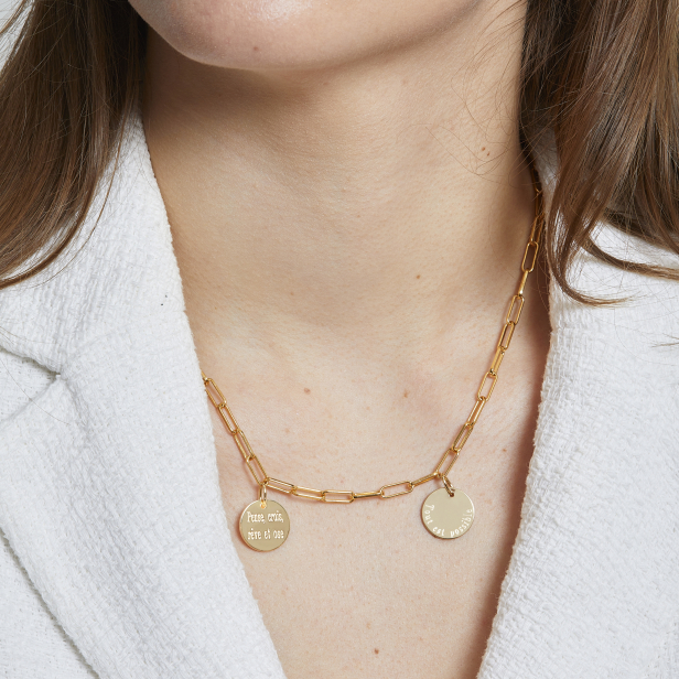 Collier personnalisé maille trombone double médailles 15 mm en Plaqué Or