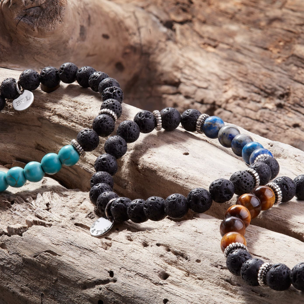Bracelet personnalisé homme effet perles de lave et perles marron