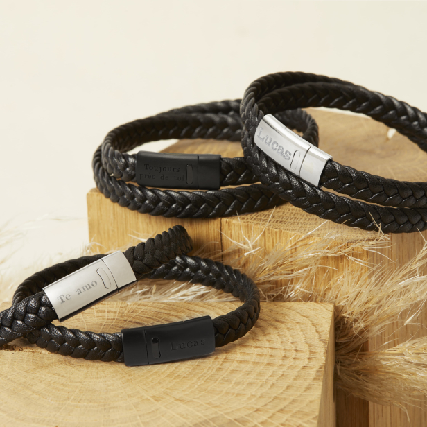 Bracelet homme personnalisé en cuir tressé noir avec une boucle noire