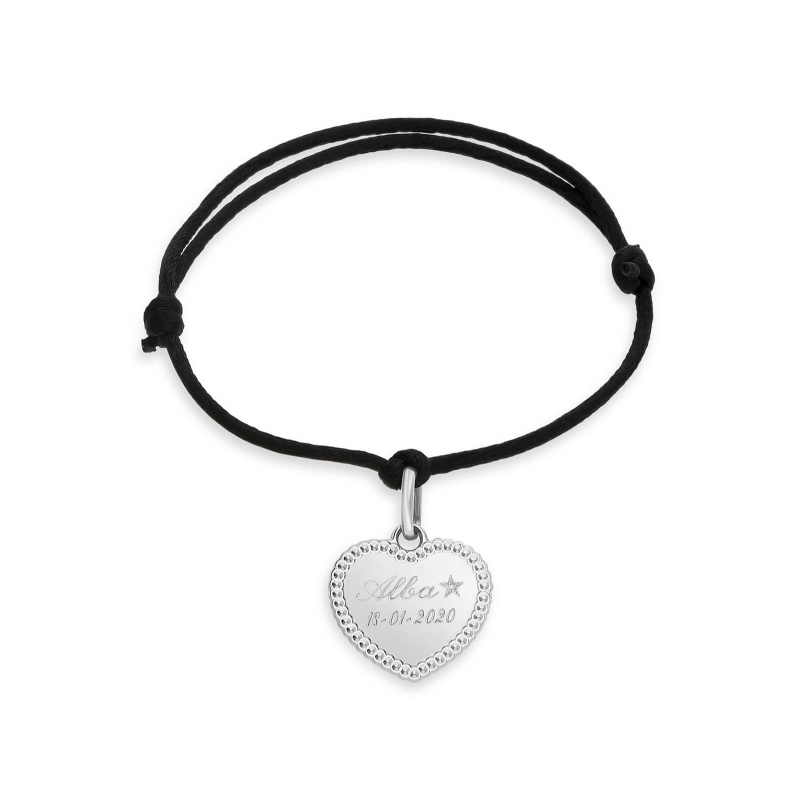 Packshot bracelet cordon personnalisé enfant pendentif coeur perlé argent