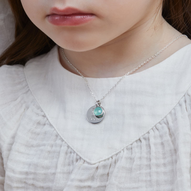 Collier personnalisé pour enfant médaille 15 mm Argent et pierre bleue
